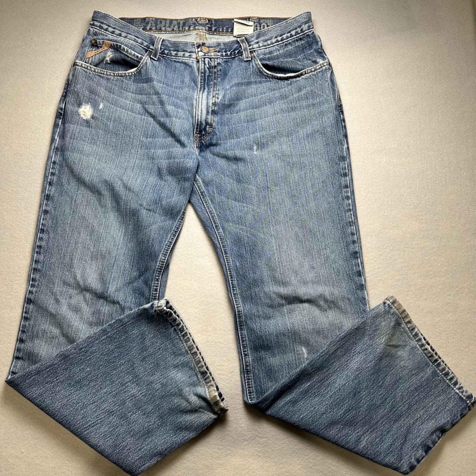 Ariat Mens Low Rise Bootcut Jeans 36×32 Medium Wash Distressed Denim 100% Cotton