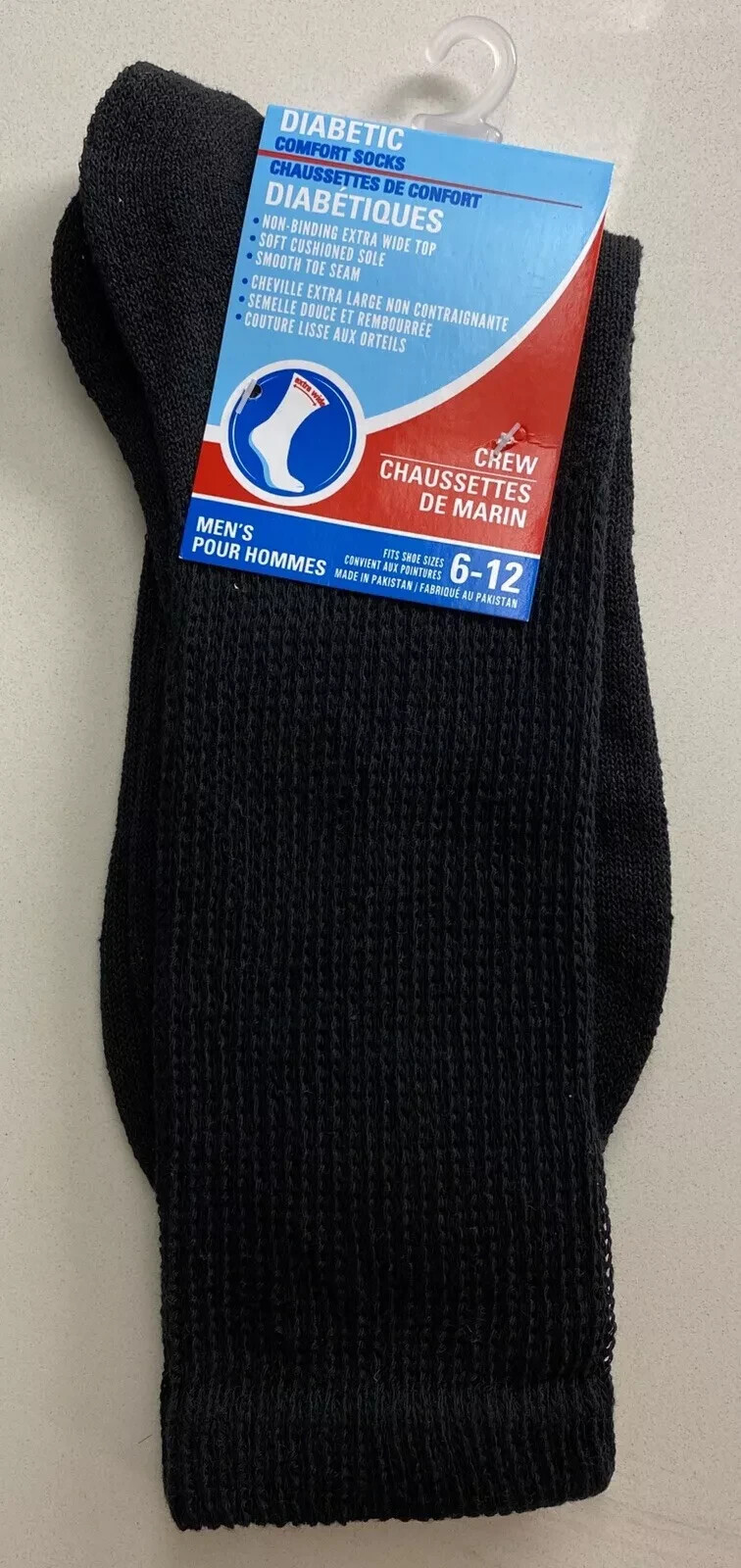 1 PAIR MENS CREW SOCKS BLACK DIABETIC DIABETES COMFORT CUSHIONED SOLE 6-12
