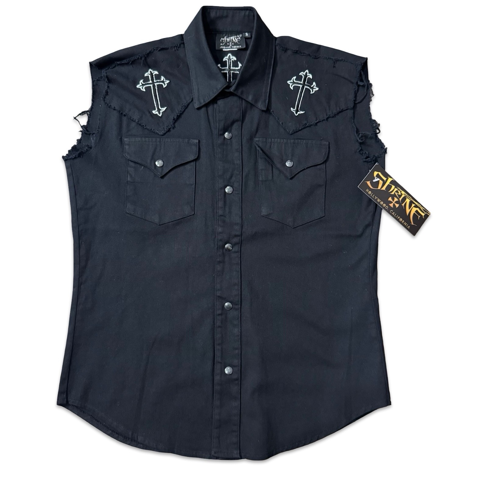 SHRINE GOTHIC CROSSES BLACK COWBOY WORKER MOTORCYCLE BIKER SLEEVELESS VEST SHIRT