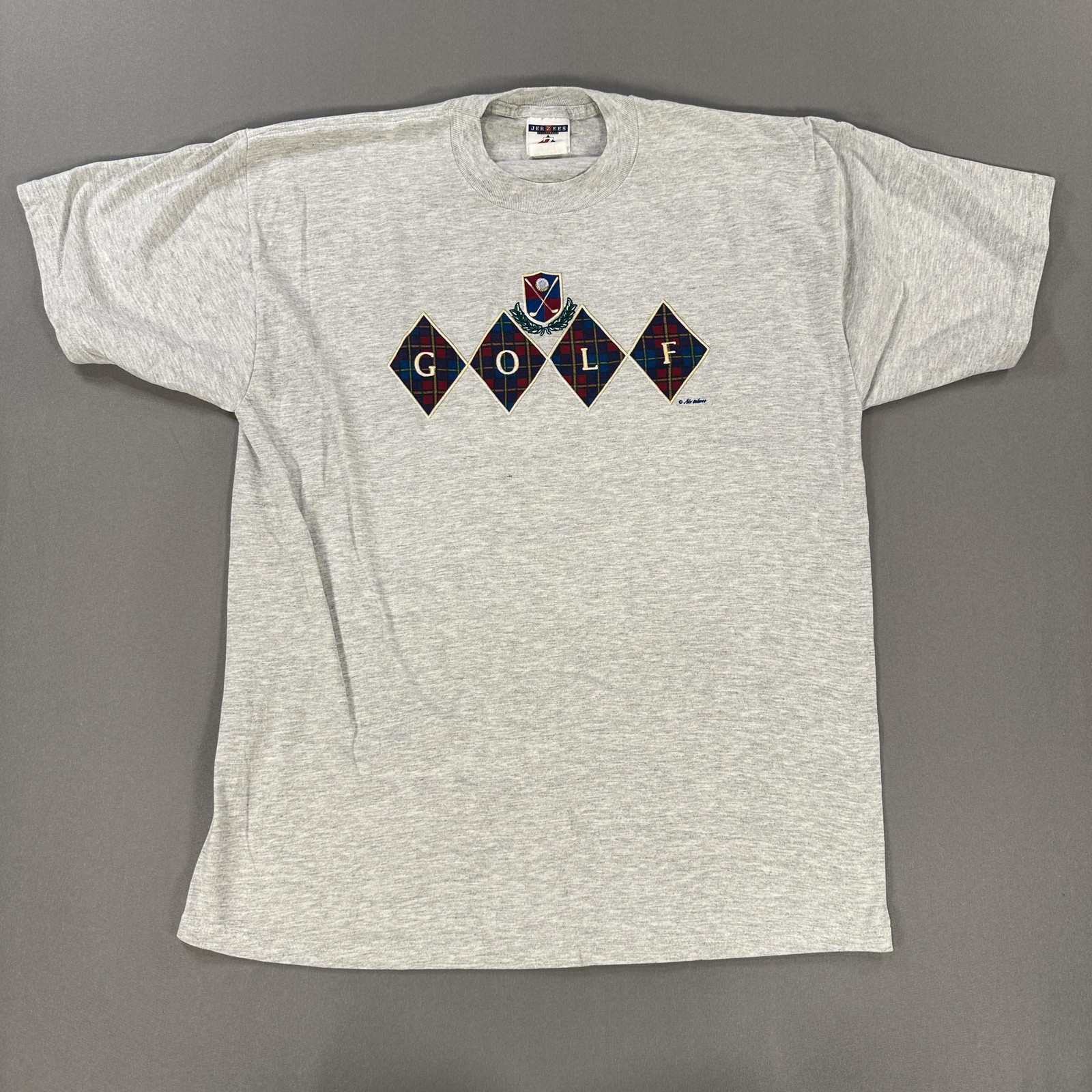 Mens Jerzees Shirt Apx:Large Gray Golf Argyle Crest Graphic Heavyweight Tee