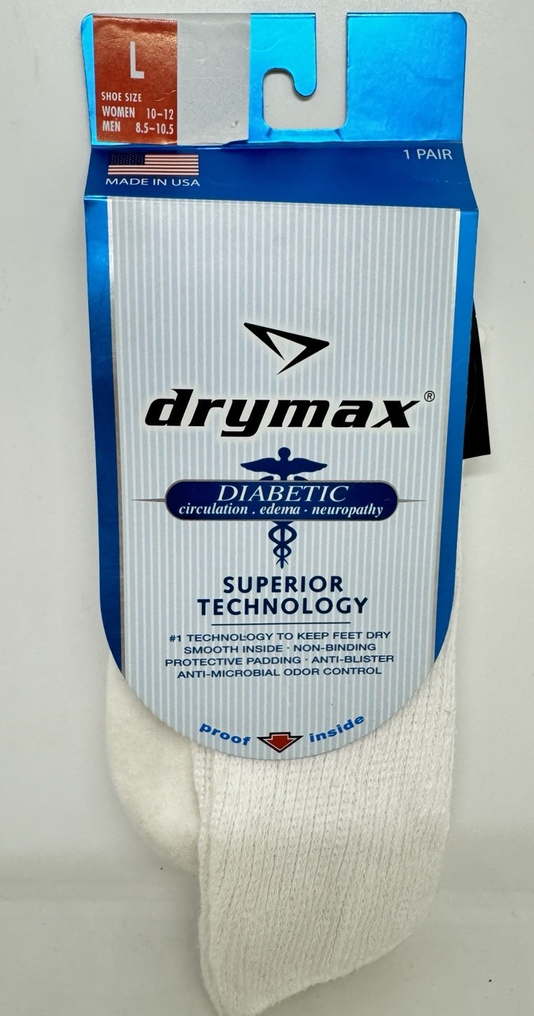 1 Pair Drymax Unsex White Diabetic 18” Socks Size Large