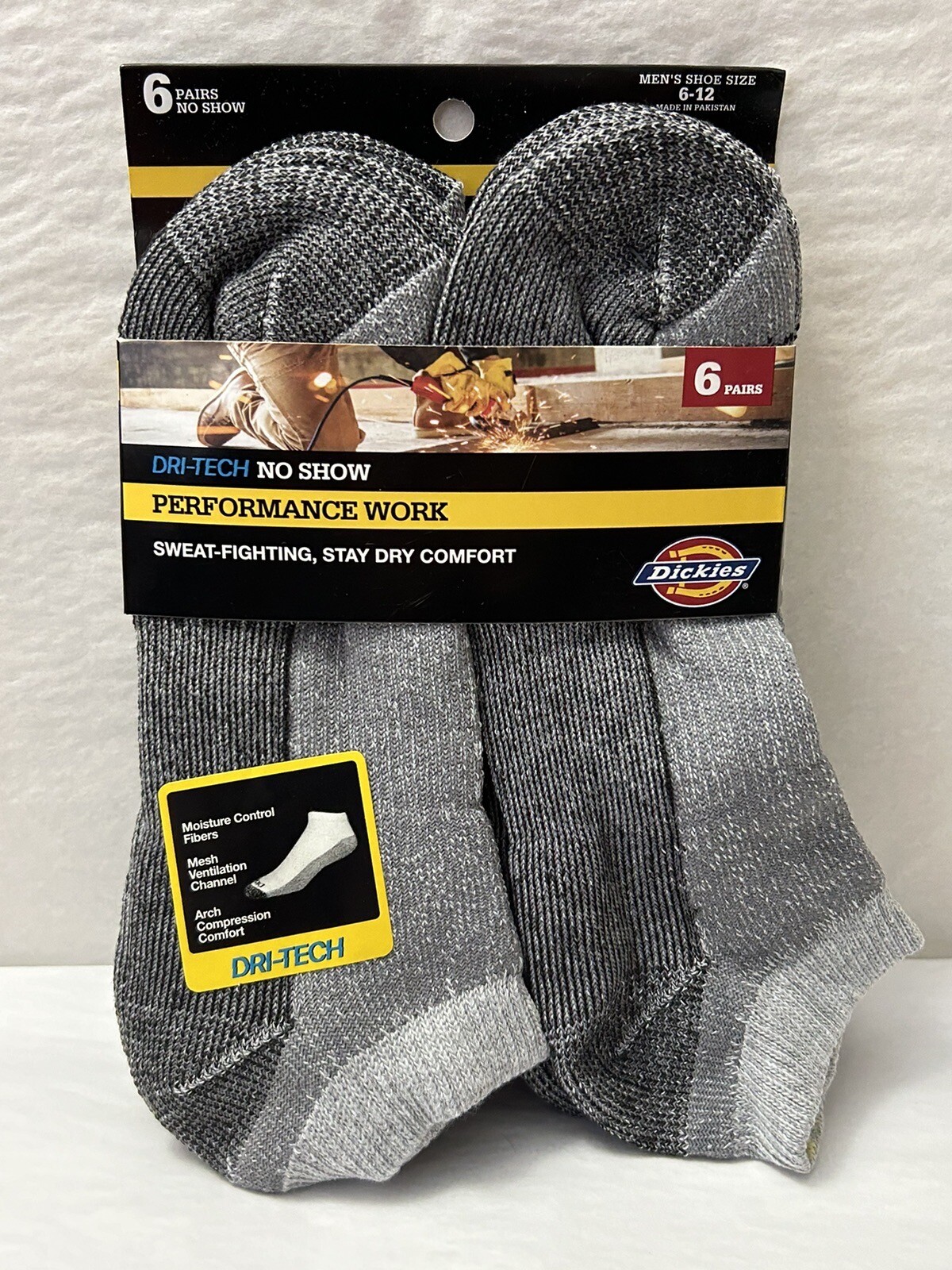 New Dickies Men’s Performance Work Dri-Tech No Show Socks 6-Pair Shoe Size 6-12