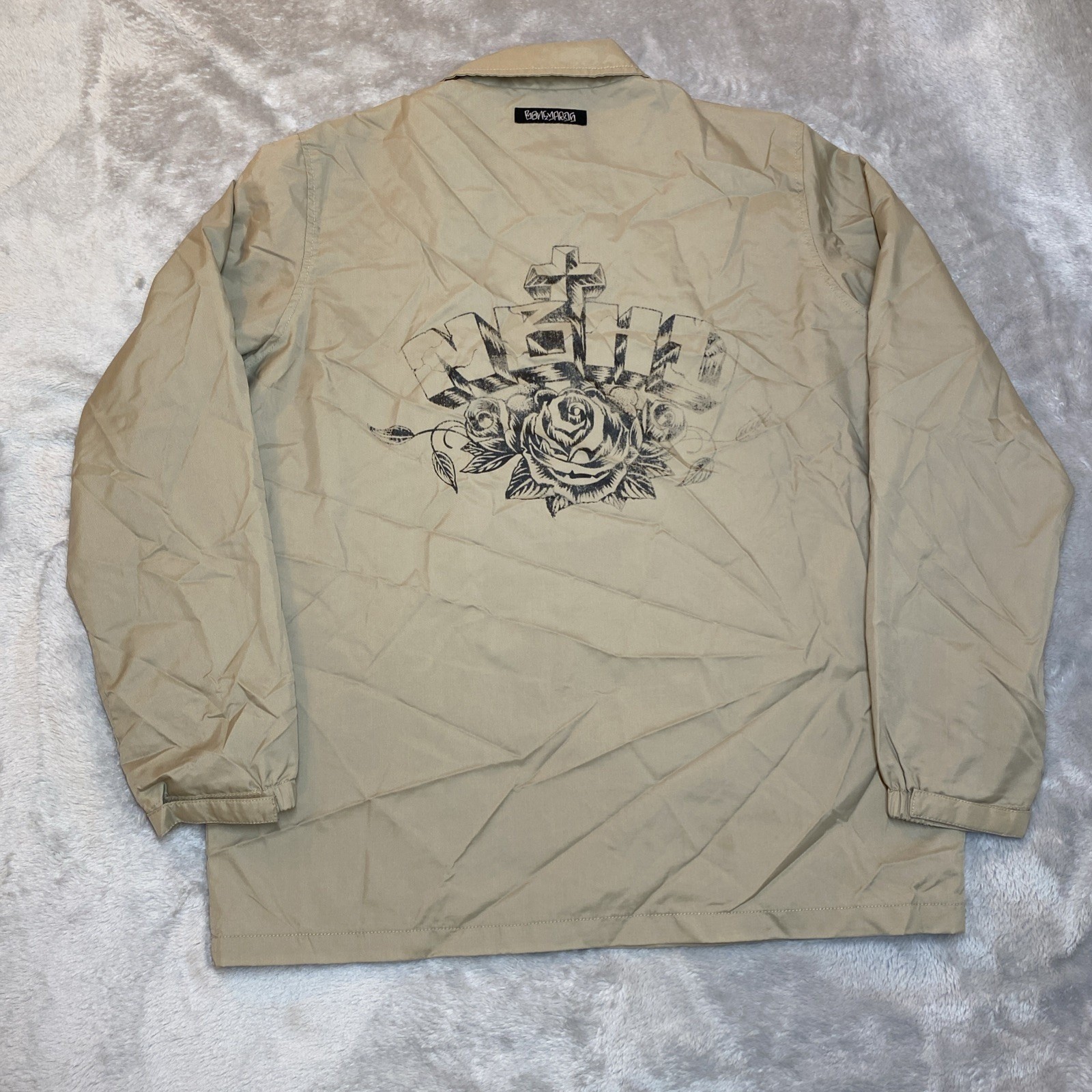 Stussy Neighborhood Boneyards Coach Jacket Mens Medium Tan Rose Cross Graphic