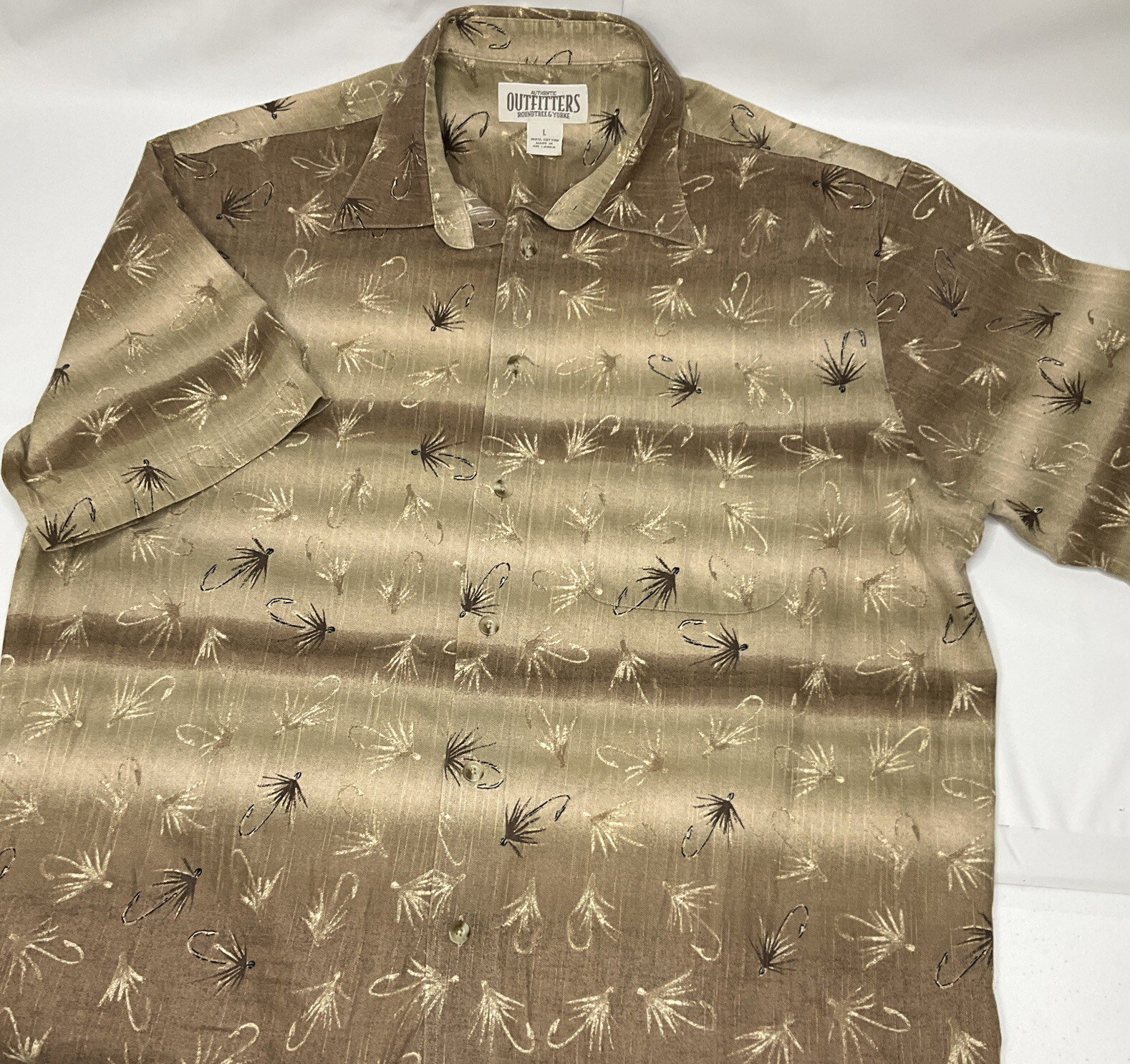 Roundtree Yorke Outfitters Shirt Men Sz Large Camp Button Front Fish Hook Cotton