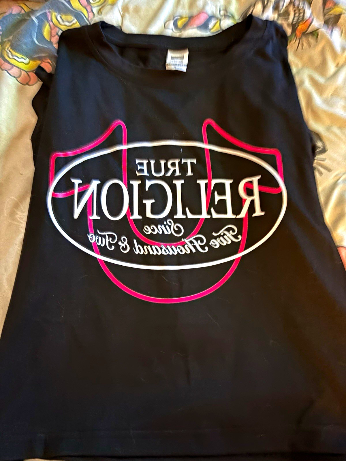 Women L Black Crop Top Short Sleeve Crew Neck Cotton Graphic T-Shirt