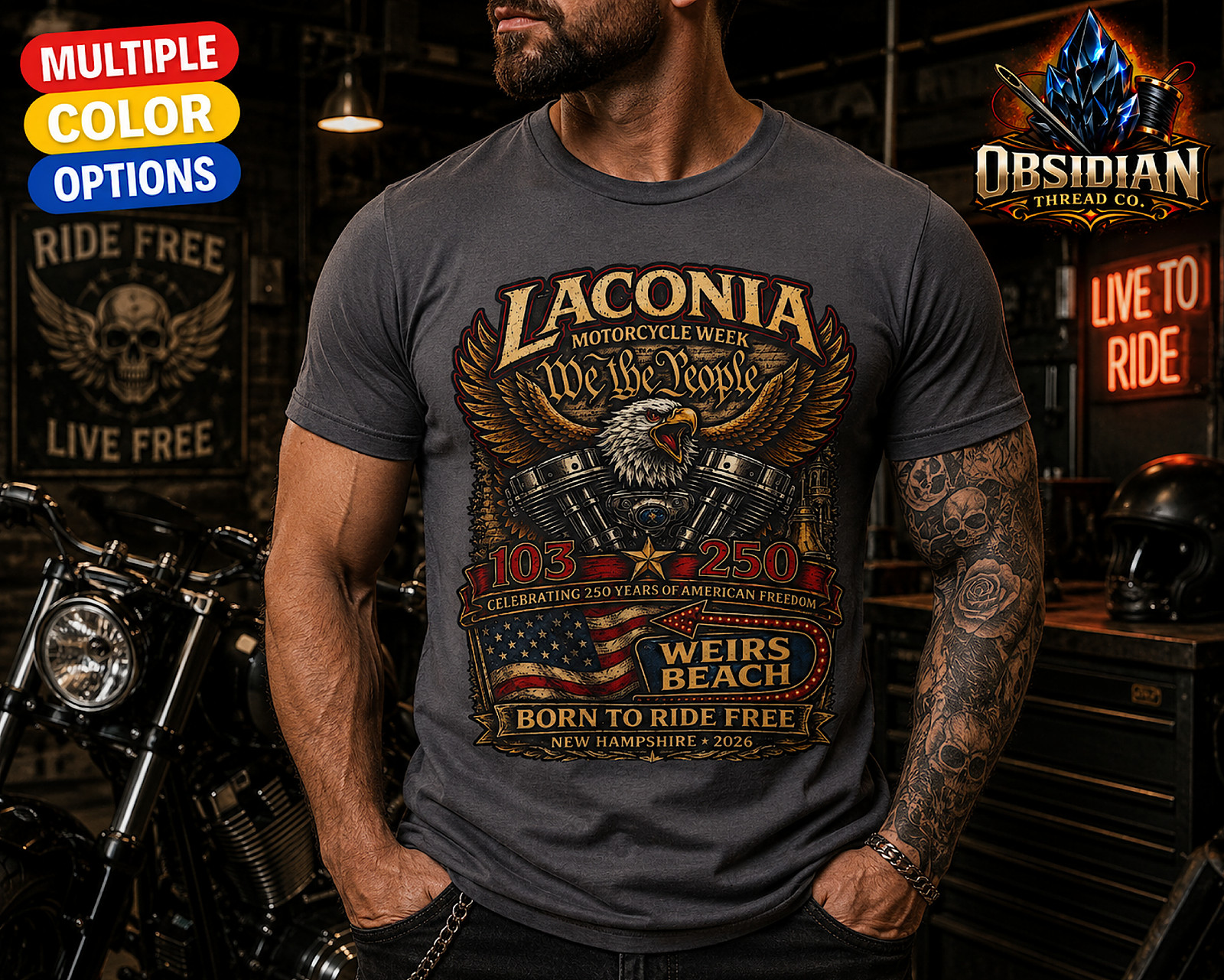 2026 Laconia Motorcycle Week Shirt America 250 Weirs Beach Biker Bike Week Tee