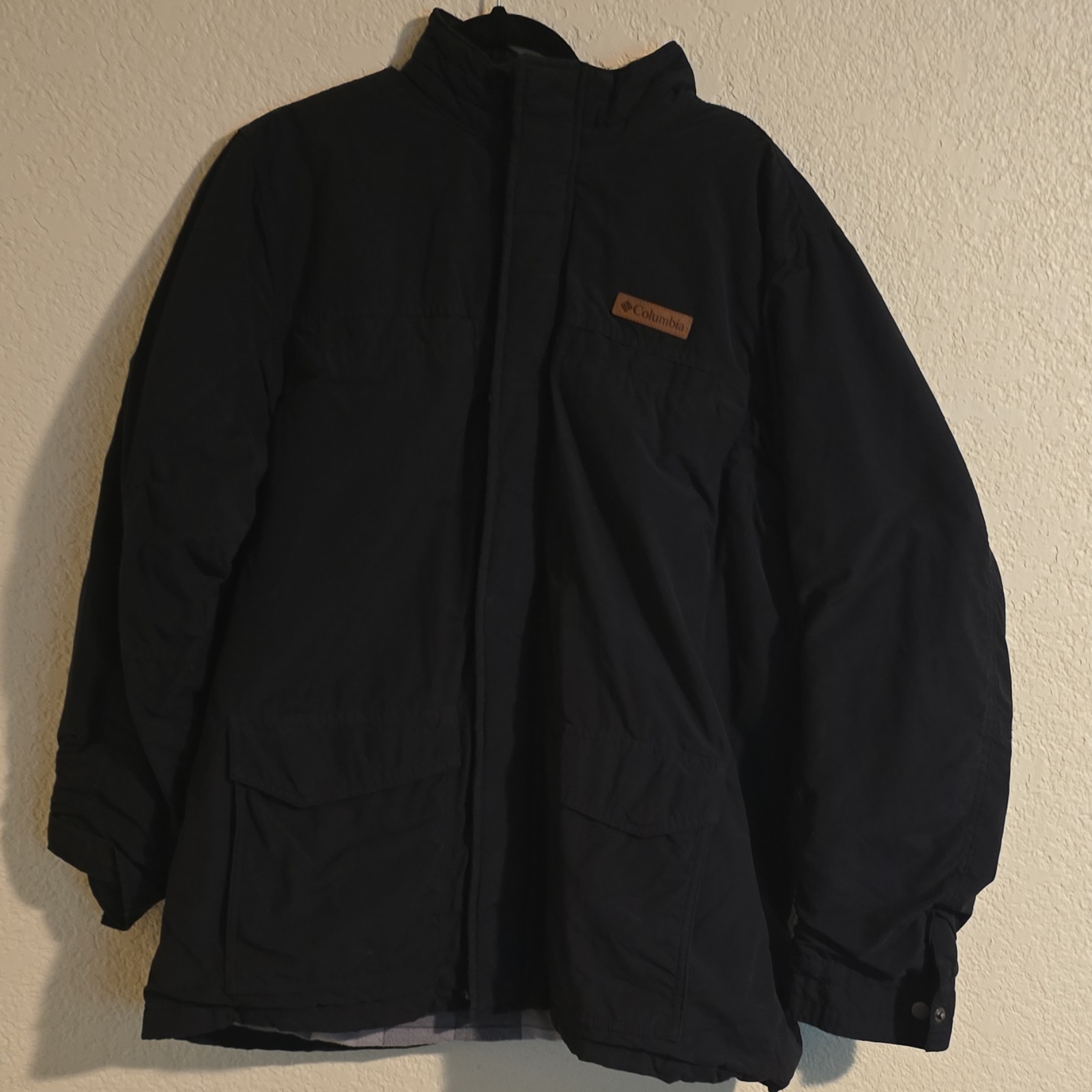 Columbia Men’s Black Lined Jacket Button Front Stand-Up Collar Mid-Length L