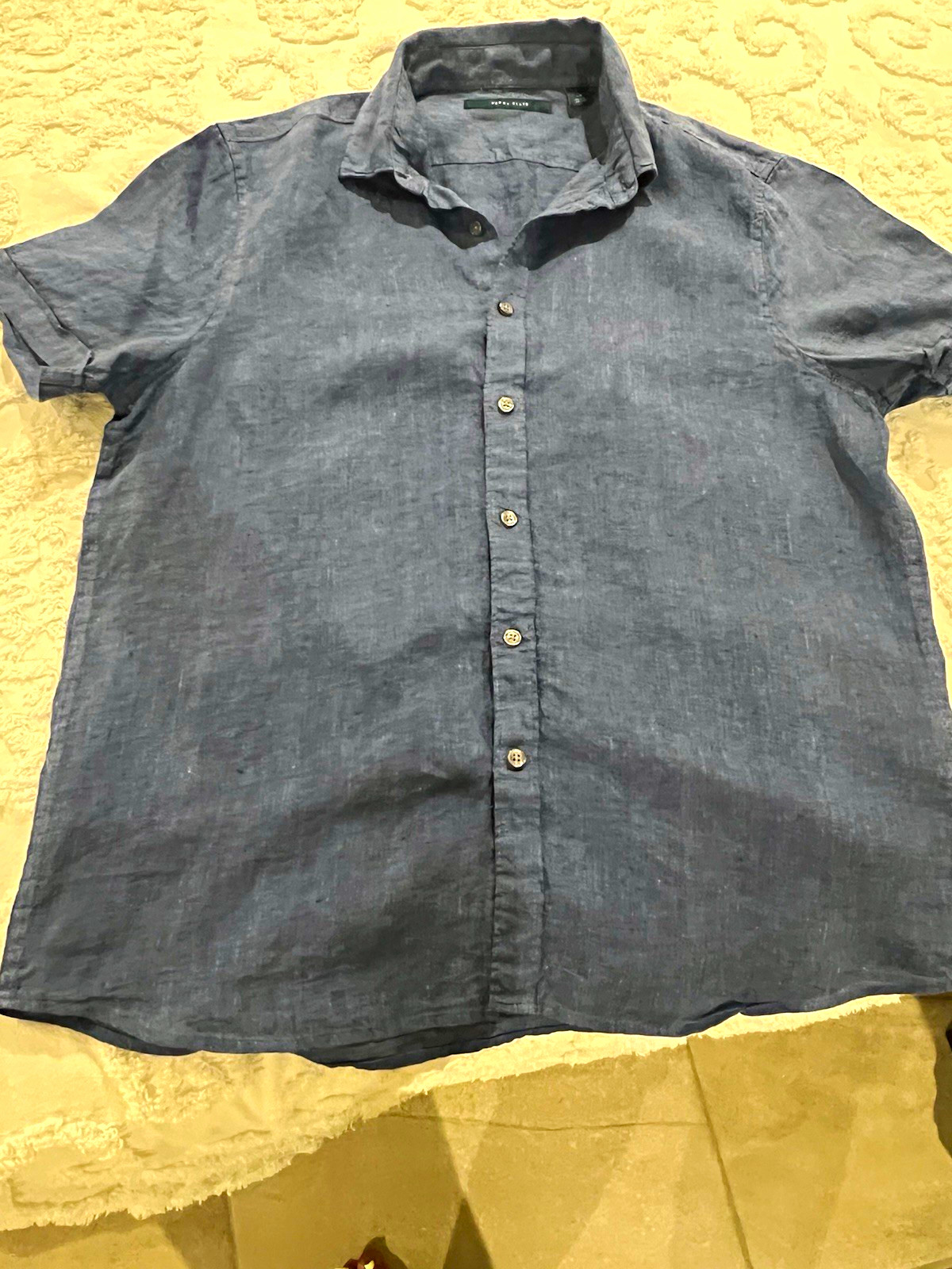 Perry Ellis Men’s Blue 100% Linen Solid Short Sleeve Button-Up Shirt Size LG