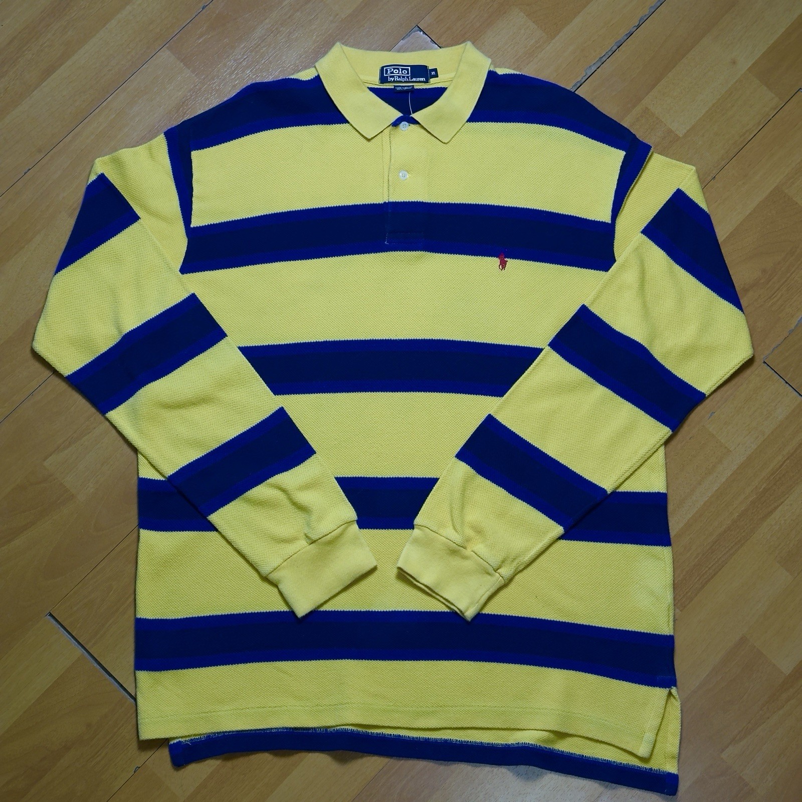 Vintage Y2k Polo by Ralph Lauren Men’s Long Sleeve Yellow/Blue Striped XL