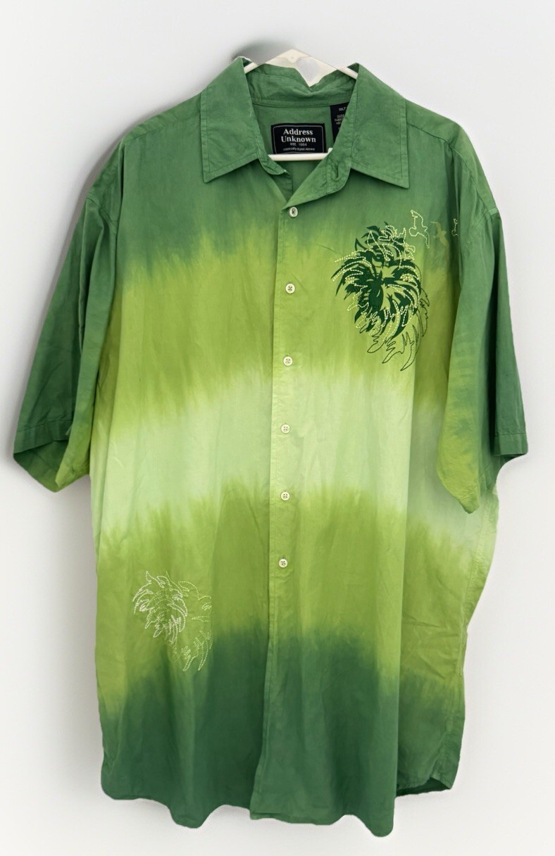 ADDRESS UNKNOWN Shirt Men 1XLT Tall Green Embroidered Tropical Camp Button Up