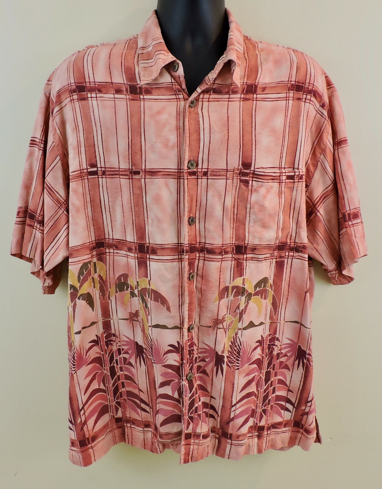TOMMY BAHAMA 100% SILK Mens Large Multicolor Palm Tree Print Hawaiian S/S Shirt