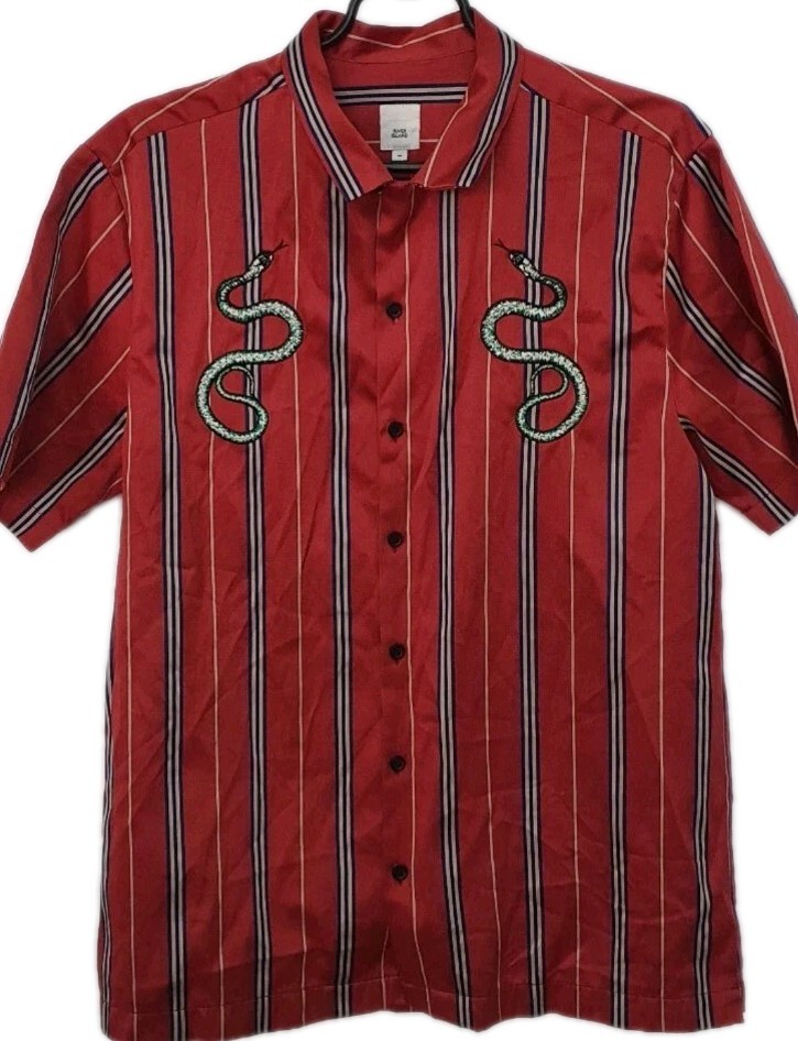 River Island Mens Shirt Rust Stripe Snake Embroidered Short Sleeve XXL 46/48″