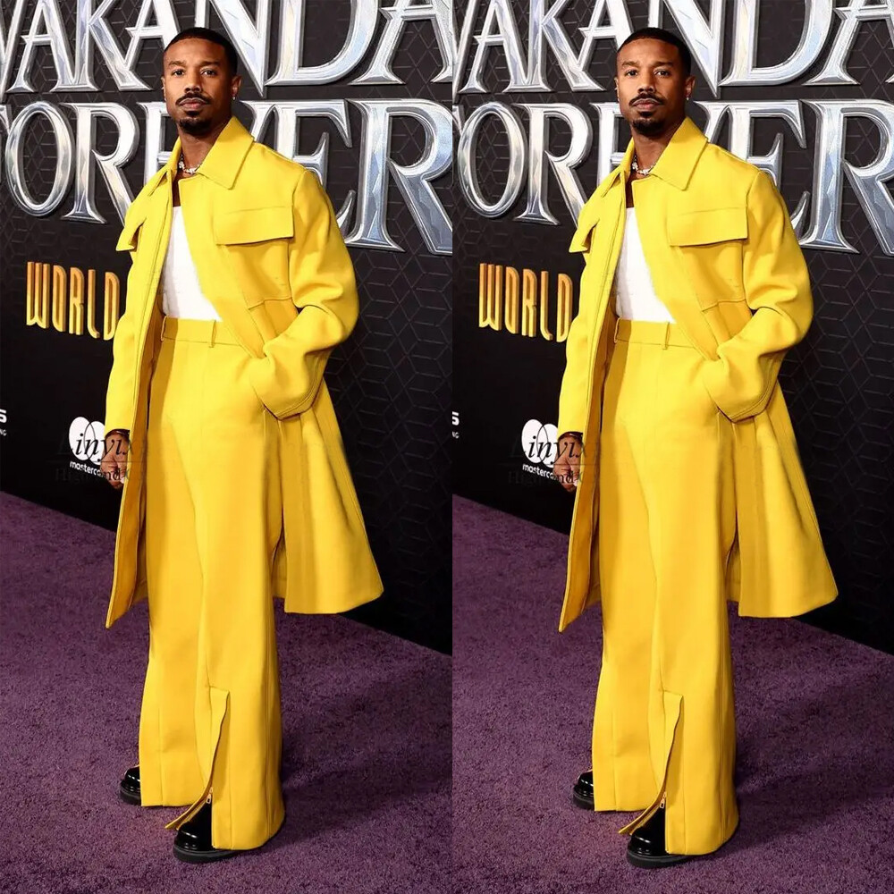 Streetshot Men Suit Wool Yellow Long OverCoat Loose Pant with Slit Wedding Groom