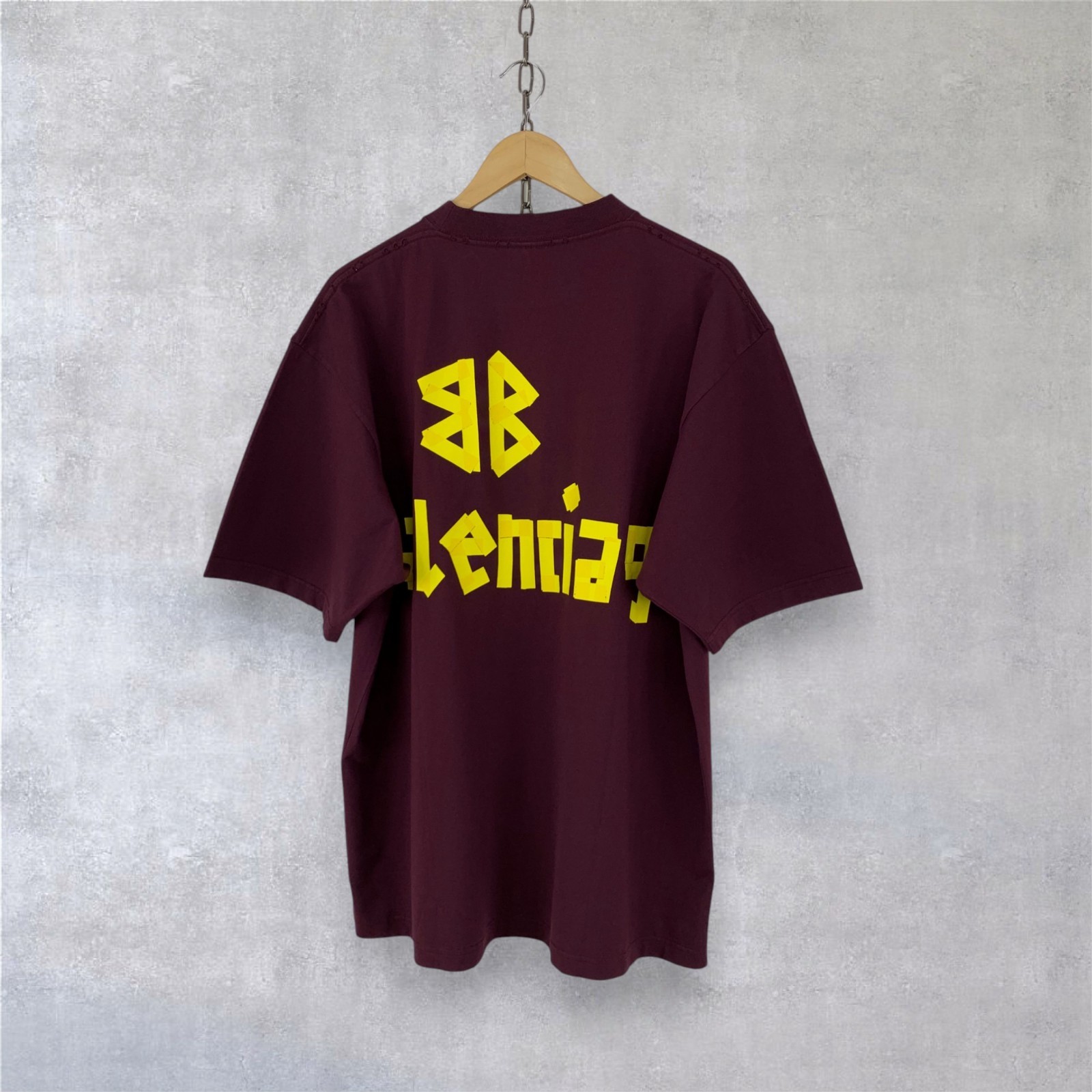Balenciaga Tape Type Logo Cotton Crewneck Short Sleeve Burgundy T-shirt Size M