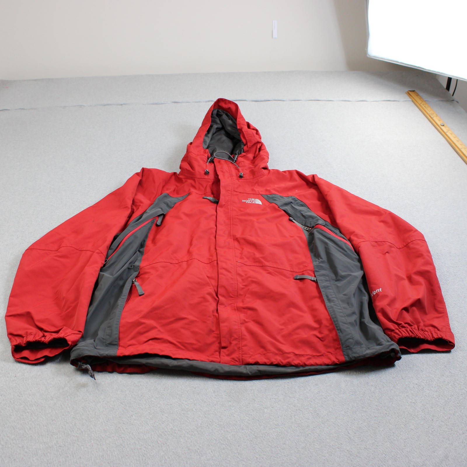 North Face Coat Men 2XL Red Gray HyVent Hooded Jacket Waterproof Snowboard Winte