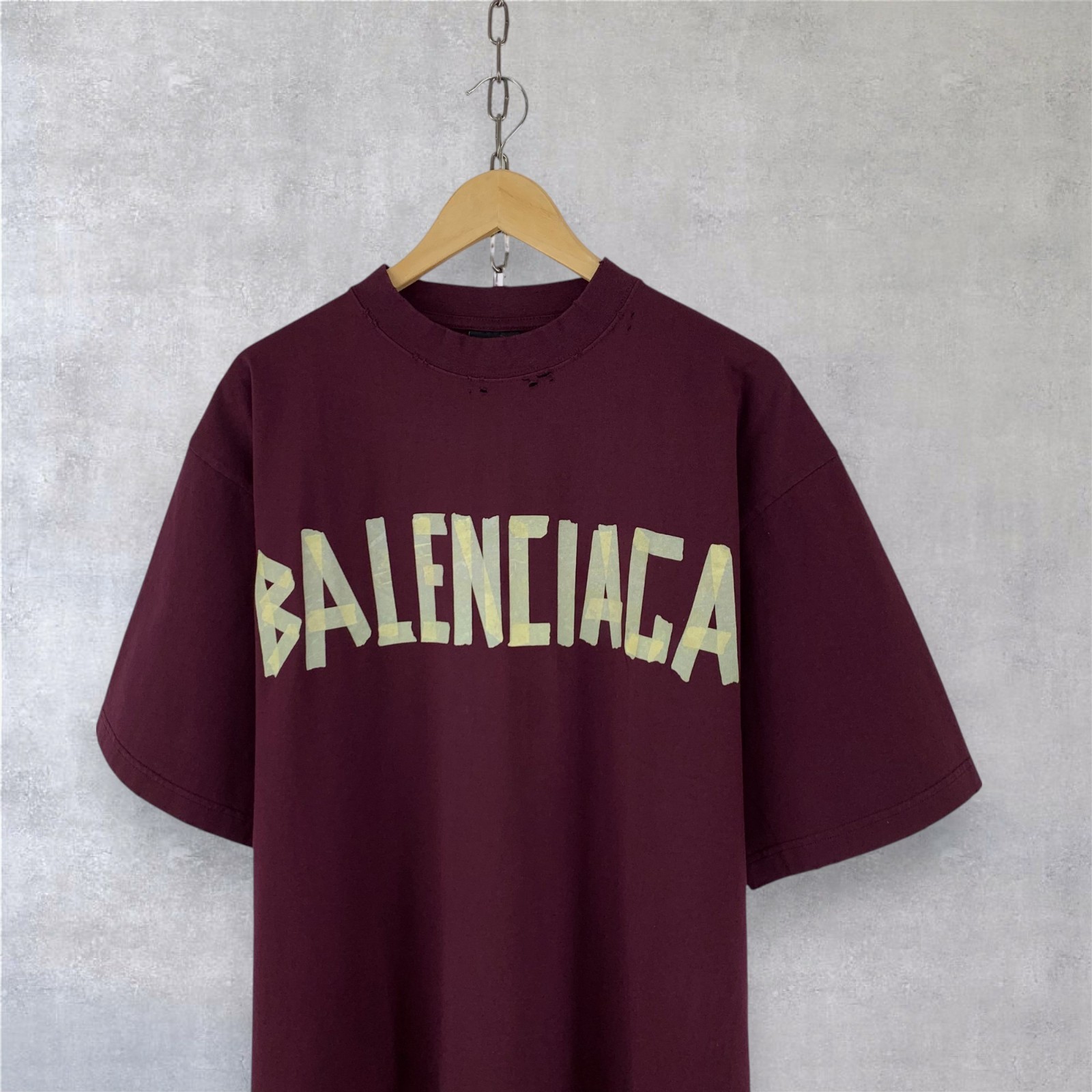 Balenciaga Tape Type Logo Cotton Crewneck Short Sleeve Burgundy T-shirt Size M