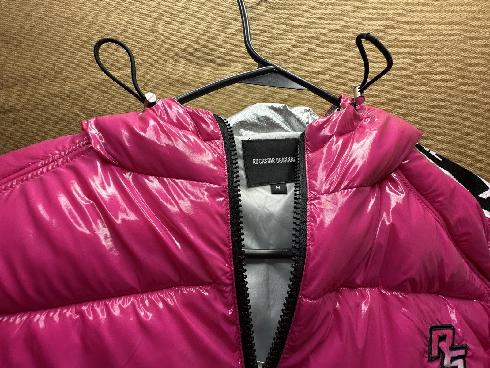 Rockstar Original Pink Hooded Puffer Jacket Zip Pockets Quilted Logo Short M