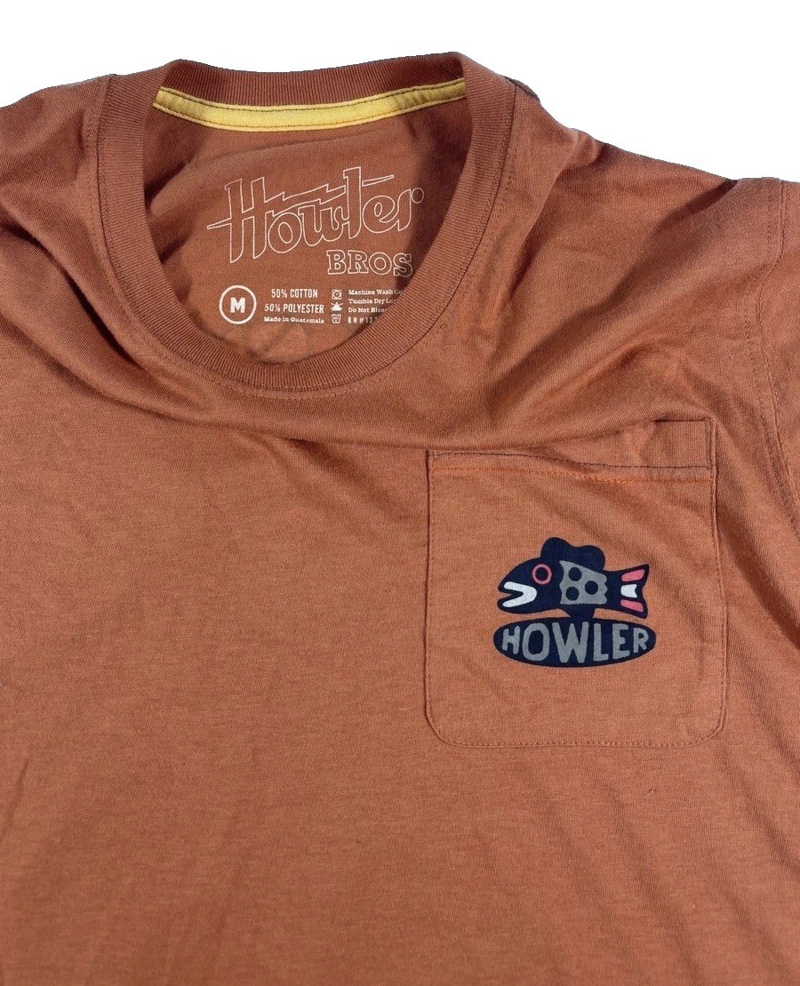 Howler Brothers T Shirt Medium Burnt Orange Graphic Pocket fishing tee