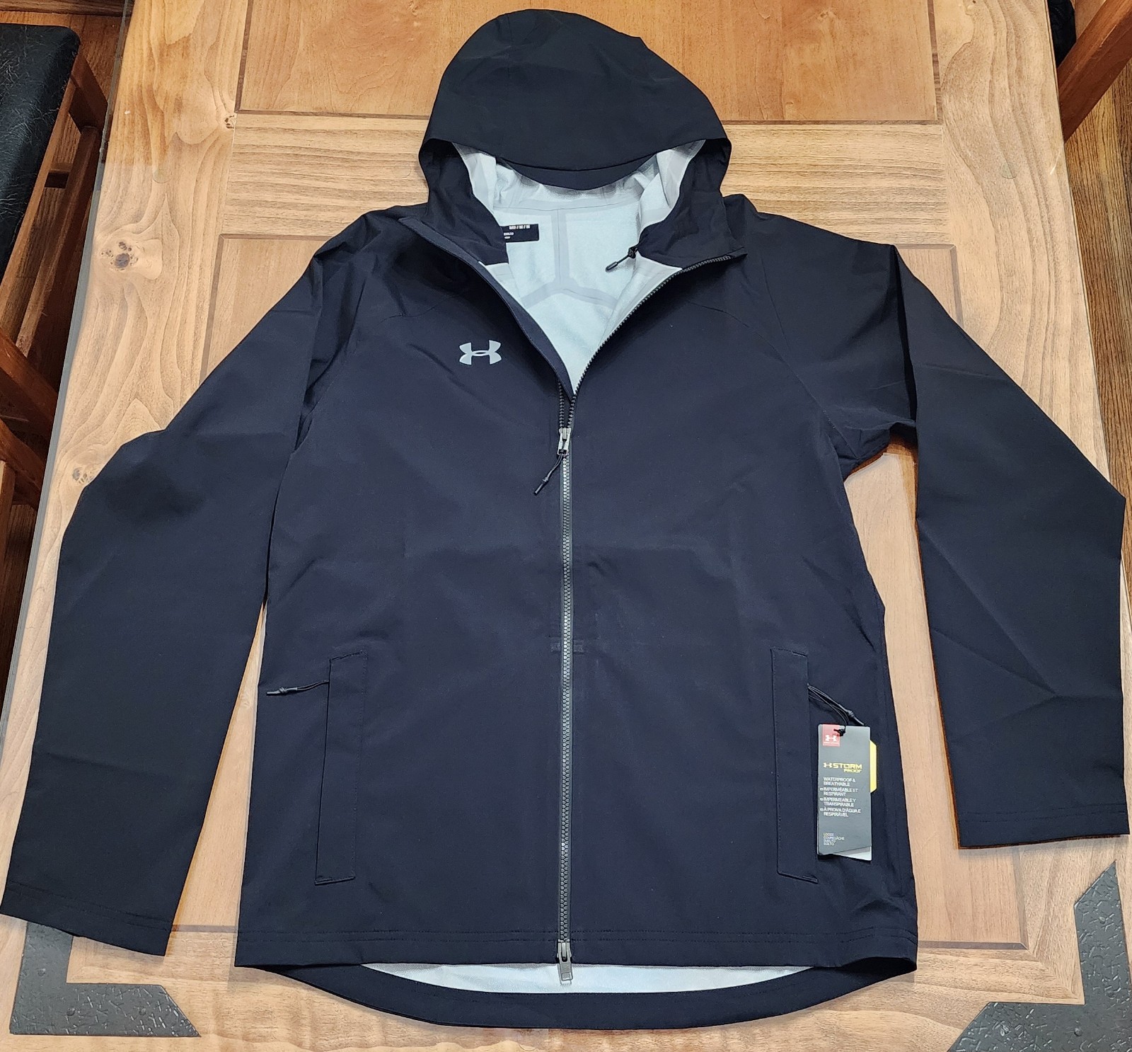Black Under Armour Storm Rain Jacket Zip Up w/ Hood Mens Medium NWT- Ret $130