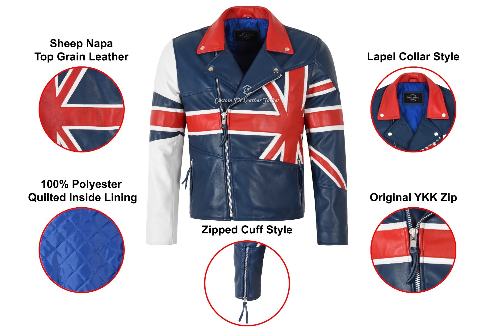 Men’s Biker Cross Zip UK Union Flag Brando Motorcycle Lambskin Leather Jacket