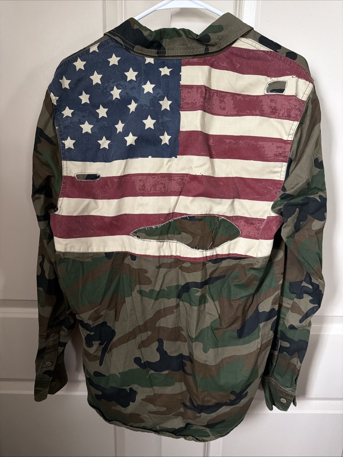 Smoke Rise NY USA Camo American Flag Shirt Size M Distressed Streetwear RARE
