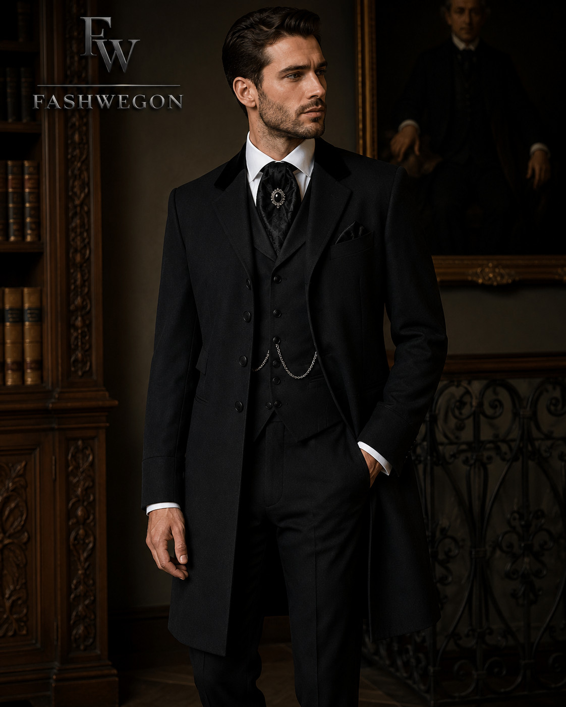 FASHWEGON Men’s Black Victorian 3 Piece Tailcoat Suit Formal Wedding Tuxedo Set