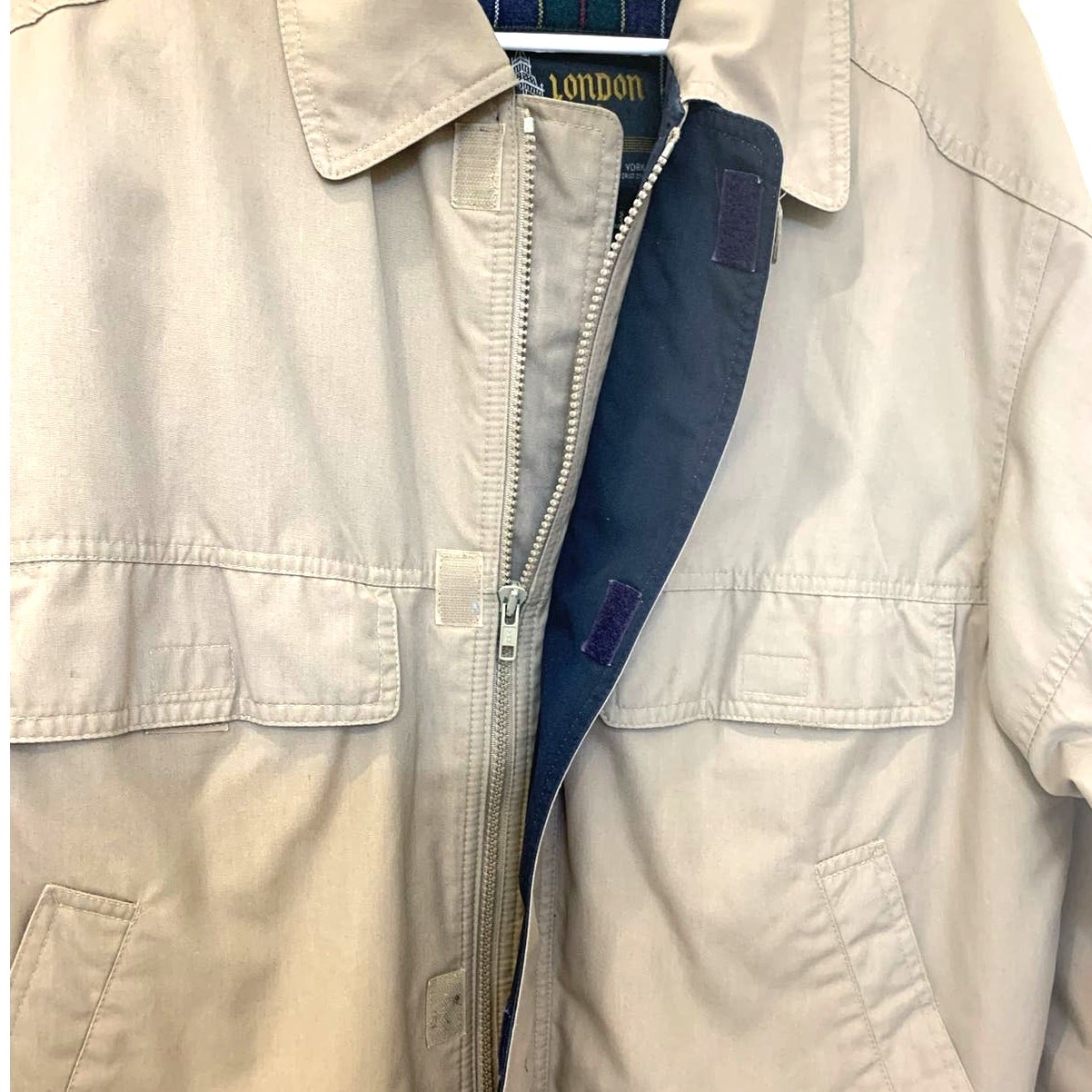 London Fog Bomber Jacket 40L Mens Gray Rain Removable Plaid Flannel Lining Zip