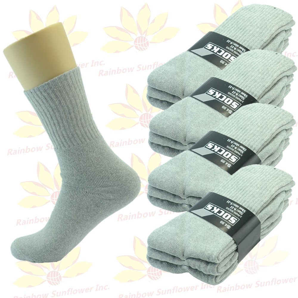 Gray 12 Pairs Crew Men Mid Calf Cushioned Sport Socks Cotton Size 9-13 High