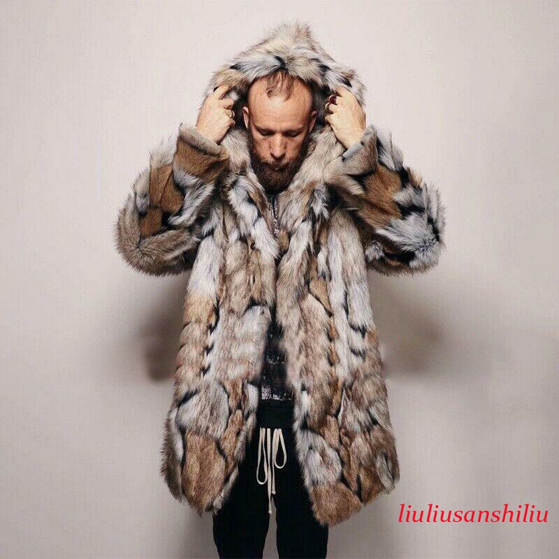Mens Winter Faux Fox Fur Jacket Hooded Warm Mid-long Length Coat Party Outwear