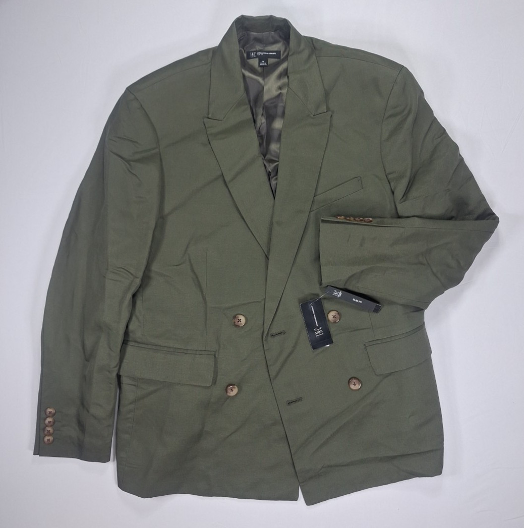 INC Men’s Medium Linen Blend Sport Coat Olive Green Slim Fit Olive Twist