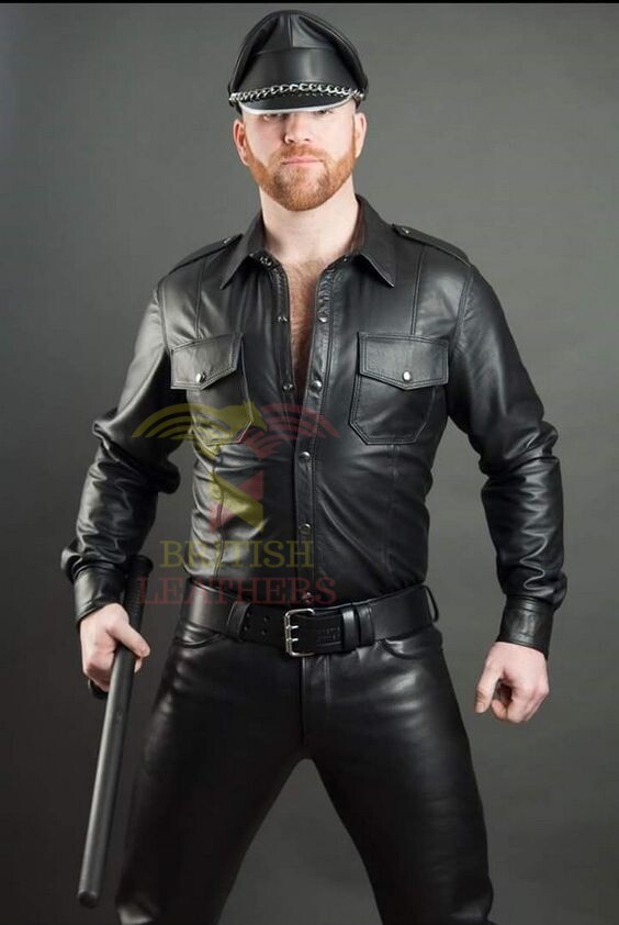 Men’s Genuine Leather Black Police Lederhemd Shirt Bluf Cuir Schwarz Gay