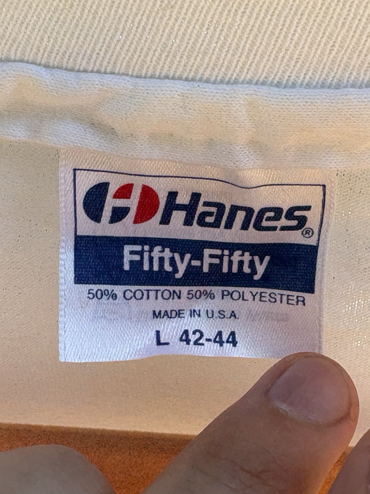 Vintage Hanes Fifty-Fifty Men’s L White Graphic Print Racing Crew Neck T-Shirt