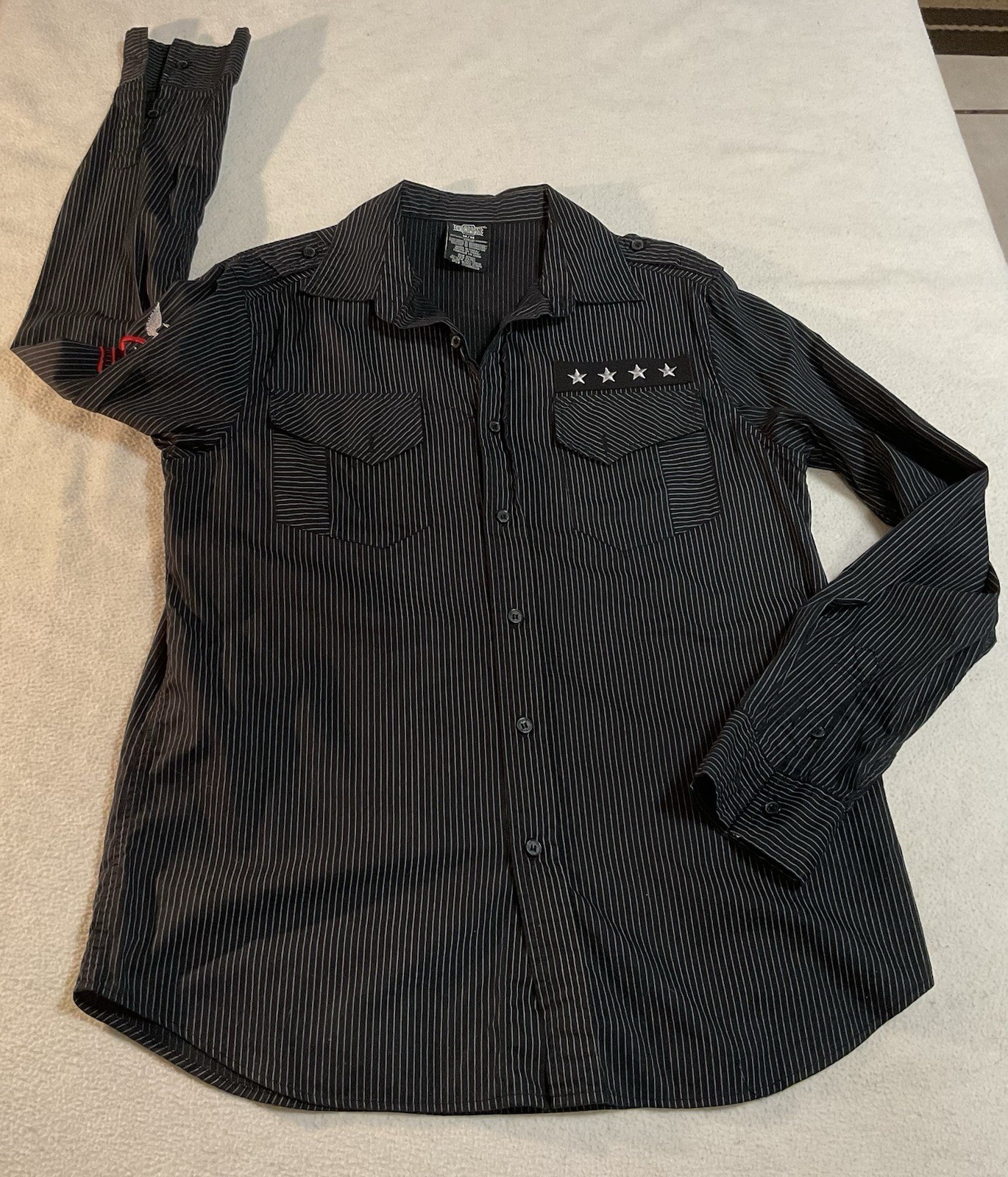 MMA Elite Button Down Shirt Large Black Military Style Long Sleeve Cadet Patch