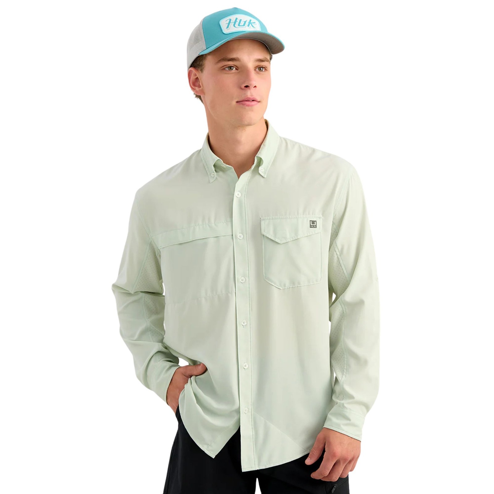Huk Tide Point Long Sleeve Men’s Button-Down Shirt, Pale Algae, Medium