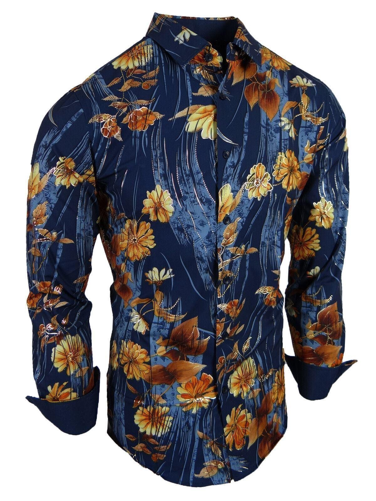 Mens Shirt Tropical Florals Shiny Gold Highlights Stretch Slim Fit Button Up