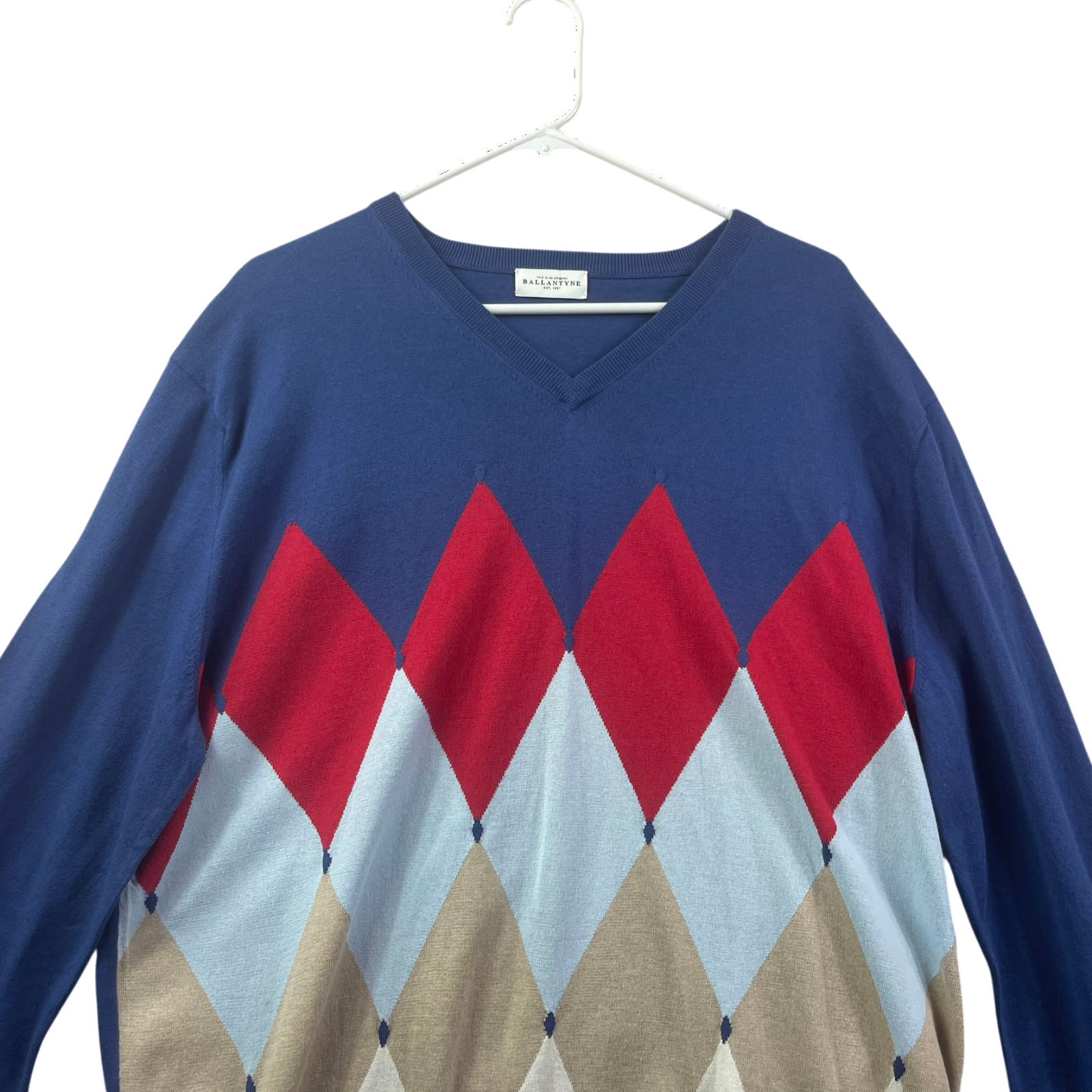 Ballantyne Cashmere Cotton Argyle Sweater Mens Large Blue Lightweight