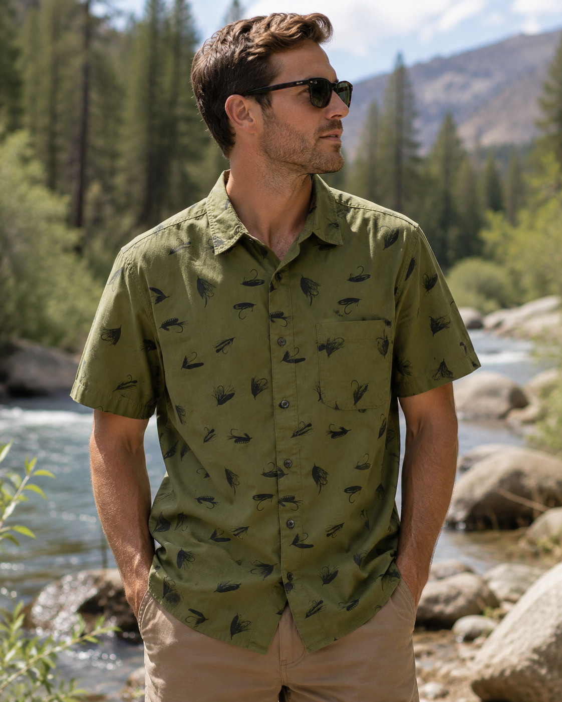 The North Face Button Up Shirt Mens L Cotton Fishing Lures All Over Print