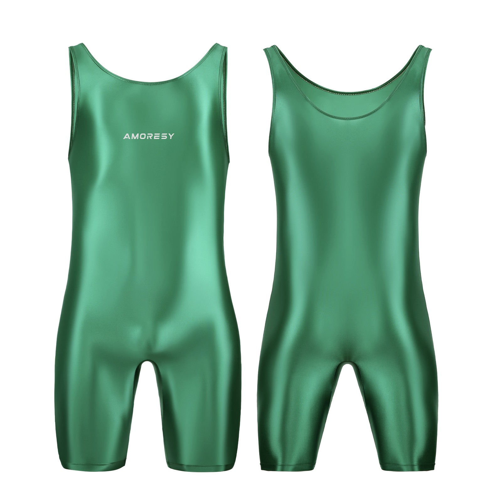 AMORESY Men Satin Oil Tracksuits Running Fitness Yoga Tights Sleeveless Bodysuit