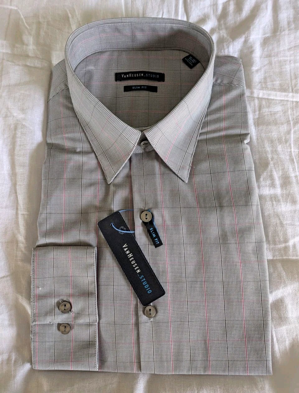 Van Heusen Studio Slim Fit Gray Pink Check Dress Shirt 16-16.5 32/33