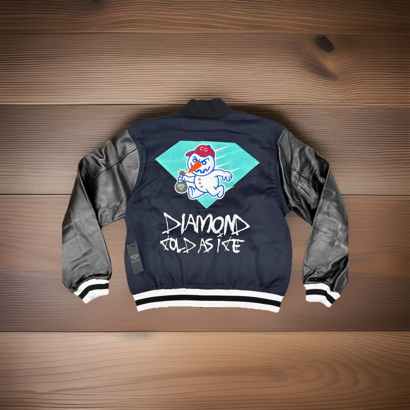 Diamond Supply Co Mens Sz Med Unreleased Navy Snow Man Varsity Jacket NWT