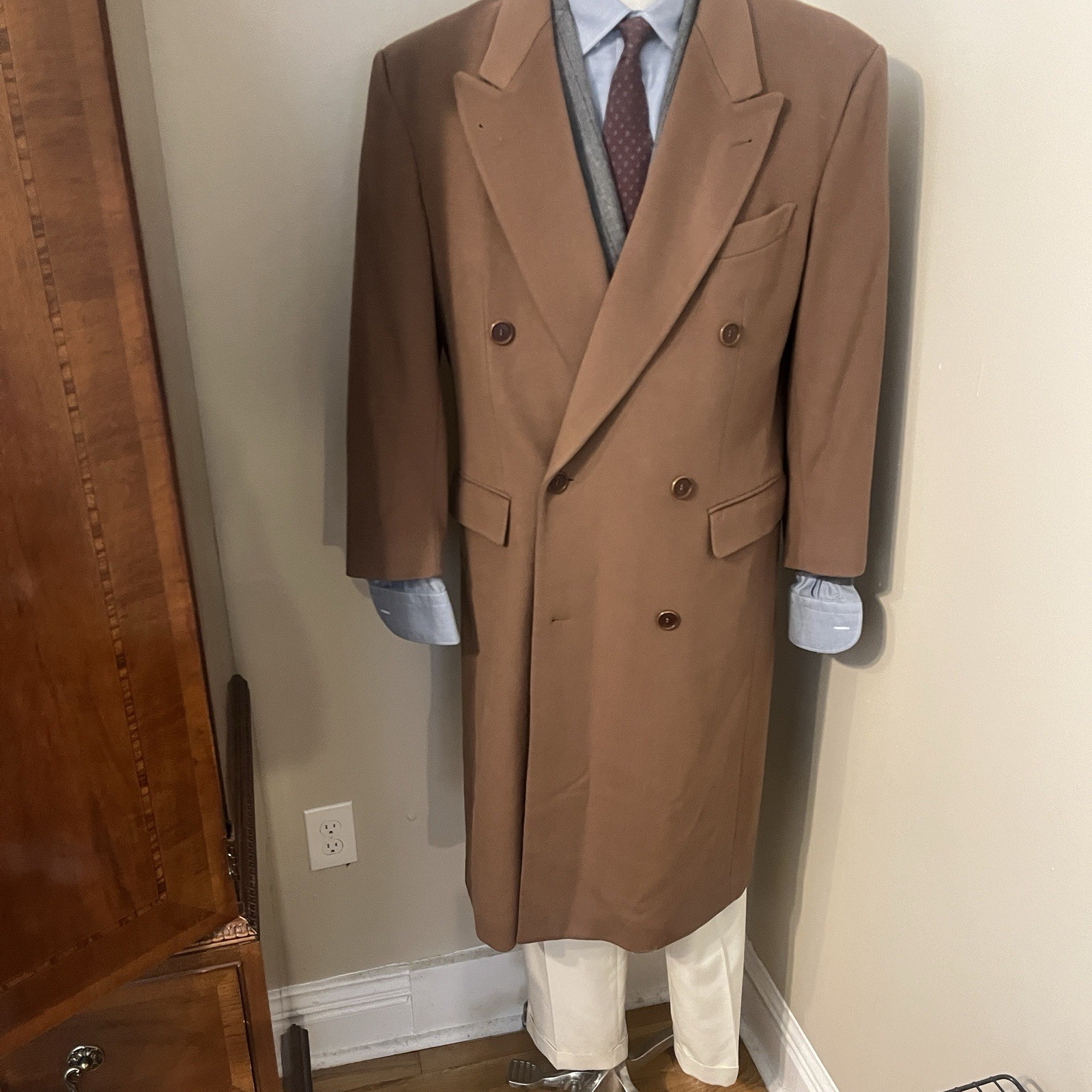 Vintage HUGO BOSS Cashmere Wool Double Breasted Long Classic Overcoat 44 XL Coat