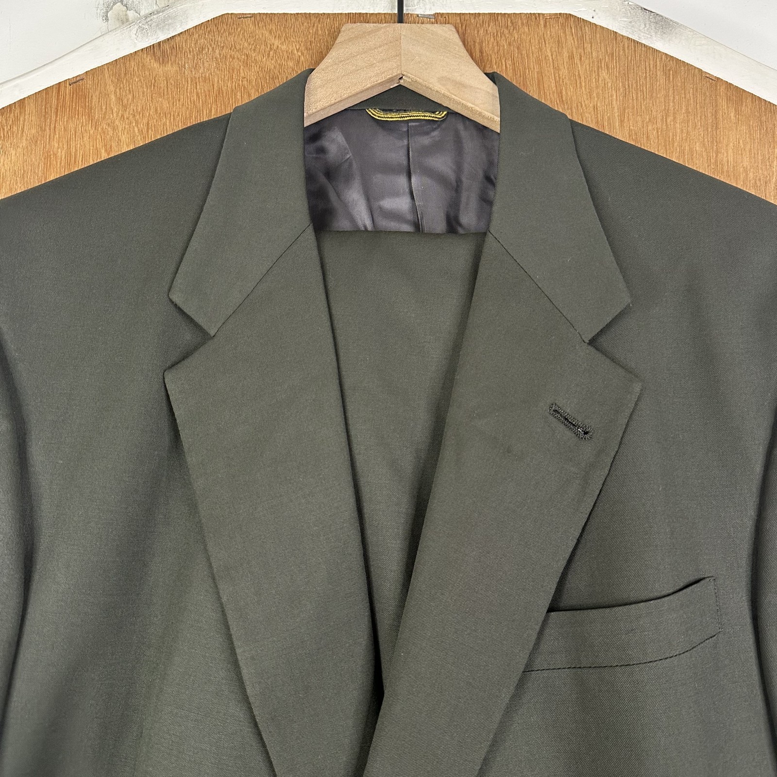 Hart Schaffner Marx Suit Mens 44L Olive Green 2 Button Wool Pants 38×30 Pleated
