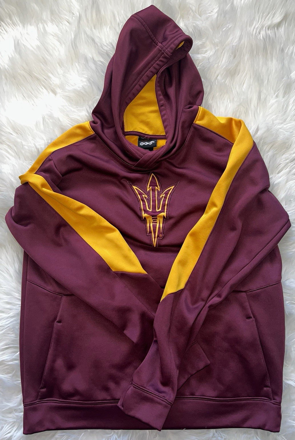 Men’s XL Burgundy/Gold Colorblock Pullover Hoodie w/ Pockets Graphic Print