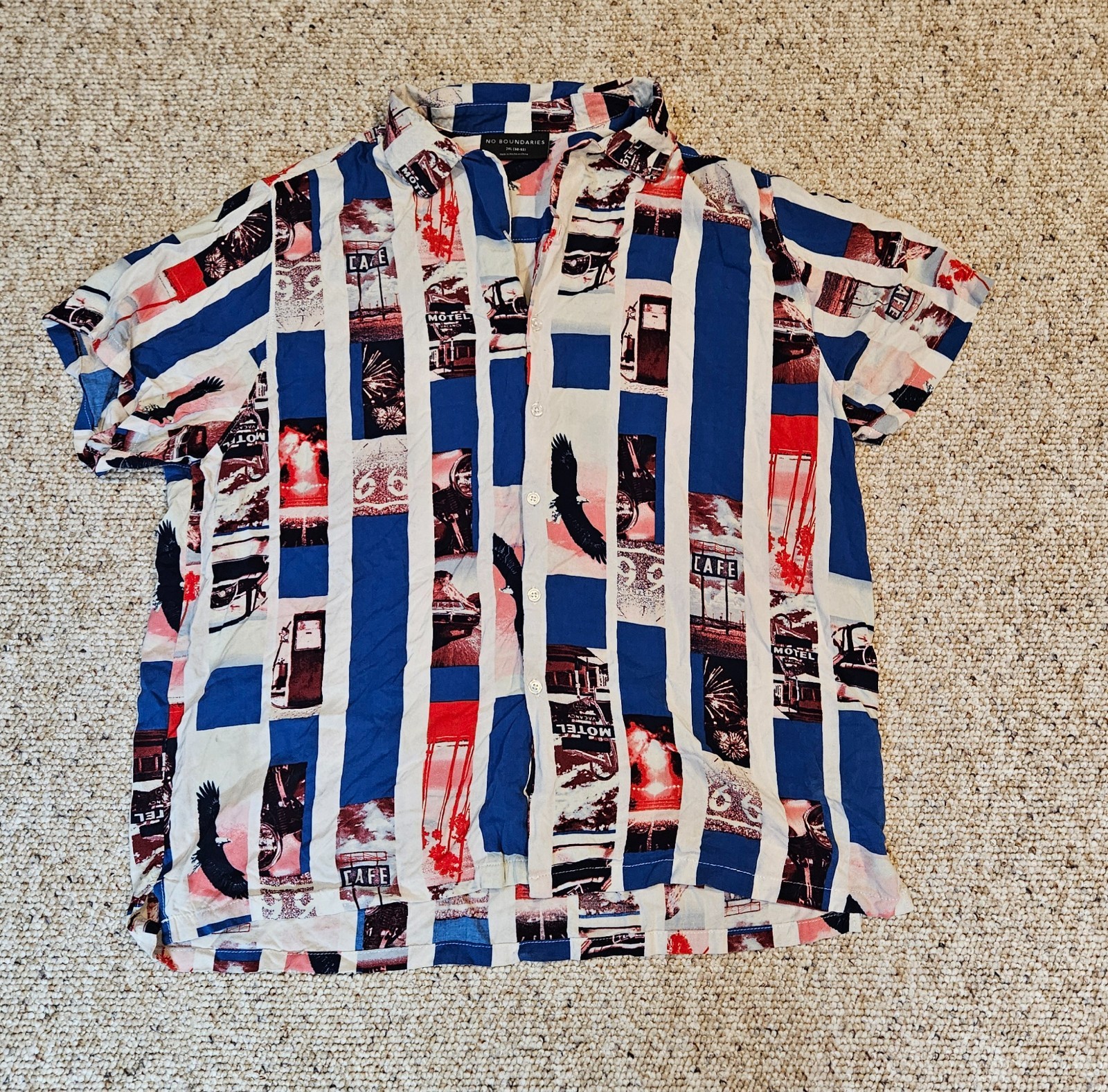 NO BOUNDARIES Mens 2XL Graphic Print Button Up Shirt Short Sleeve Retro Rd Trip