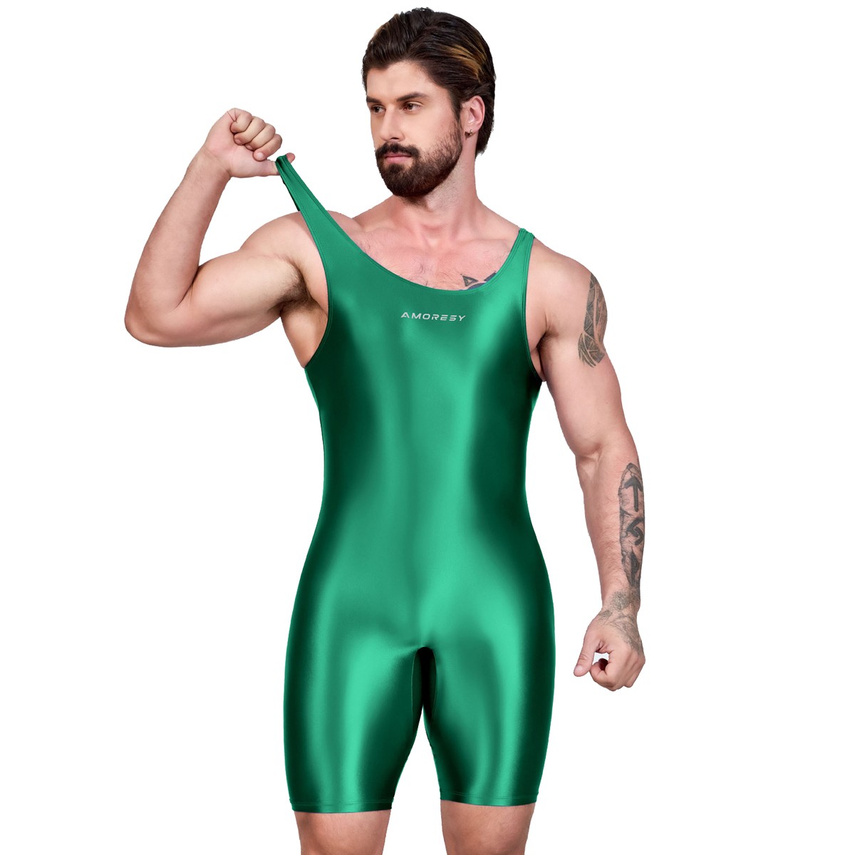 AMORESY Men Satin Oil Tracksuits Running Fitness Yoga Tights Sleeveless Bodysuit