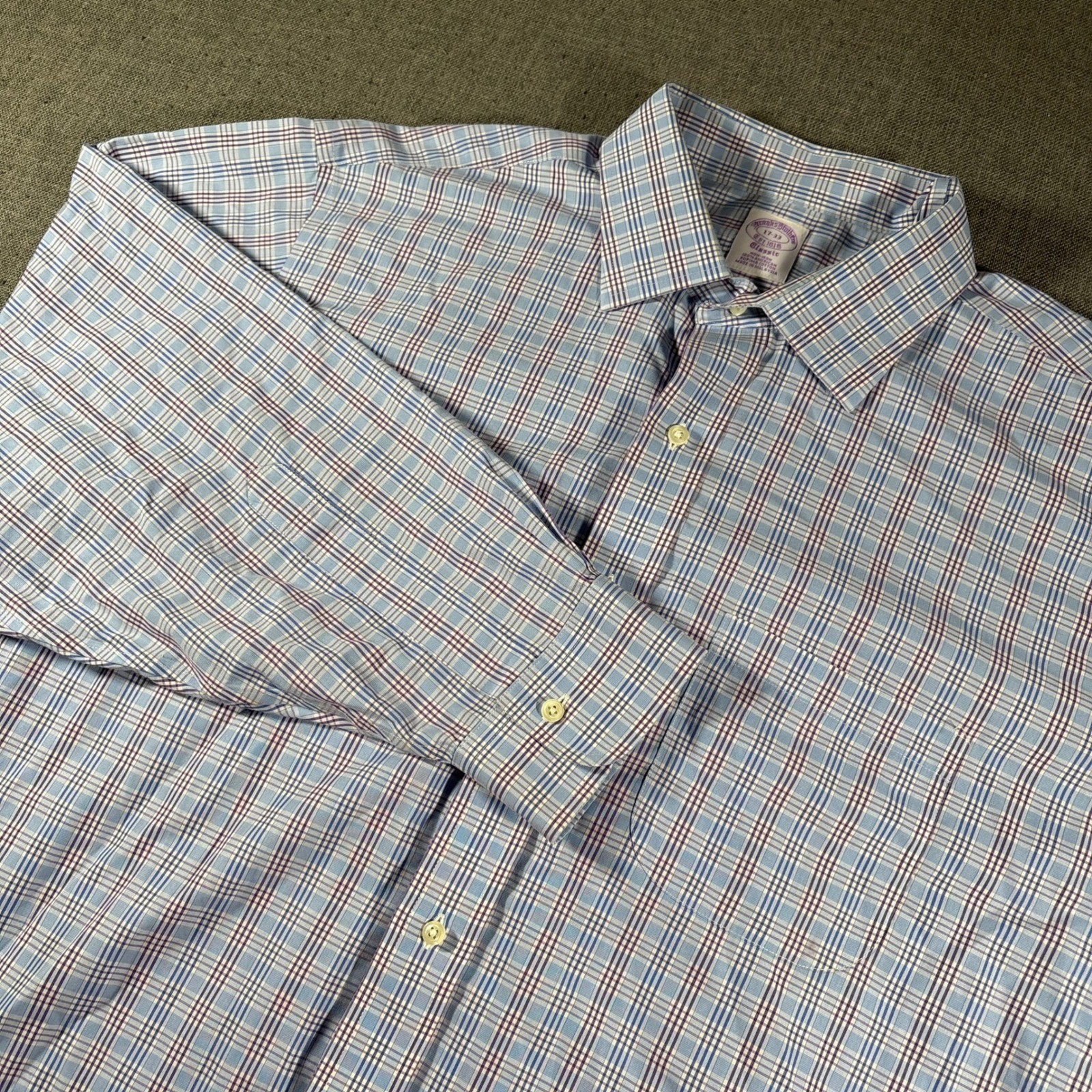 Brooks Brothers Dress Shirt Mens 17-33 Blue Purple Plaid Supima Cotton Non-Iron