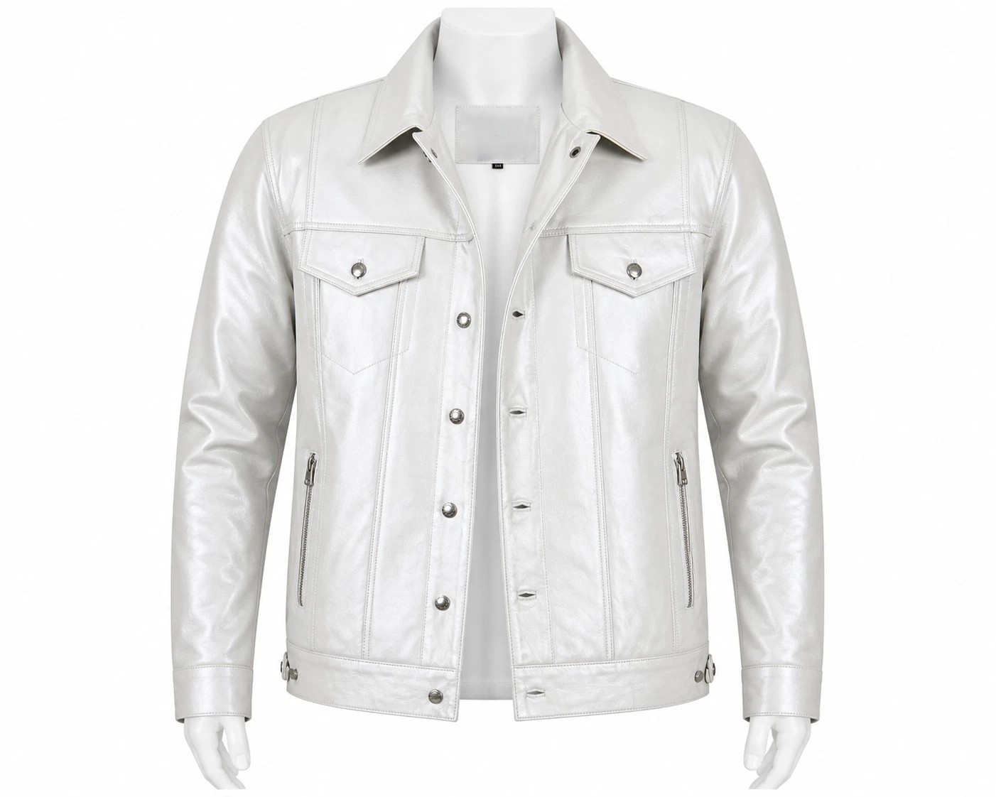 Men’s White Leather Shirt Jacket Real Cowhide Trucker Style Buttoned Coat