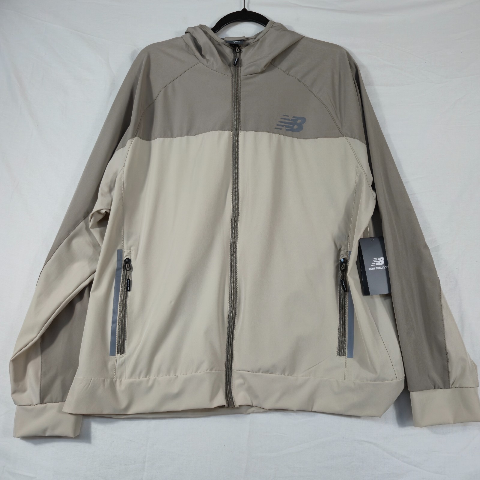 New Balance Windbreaker Jacket Men L Beige Brown Colorblock 4 Way Stretch Hooded