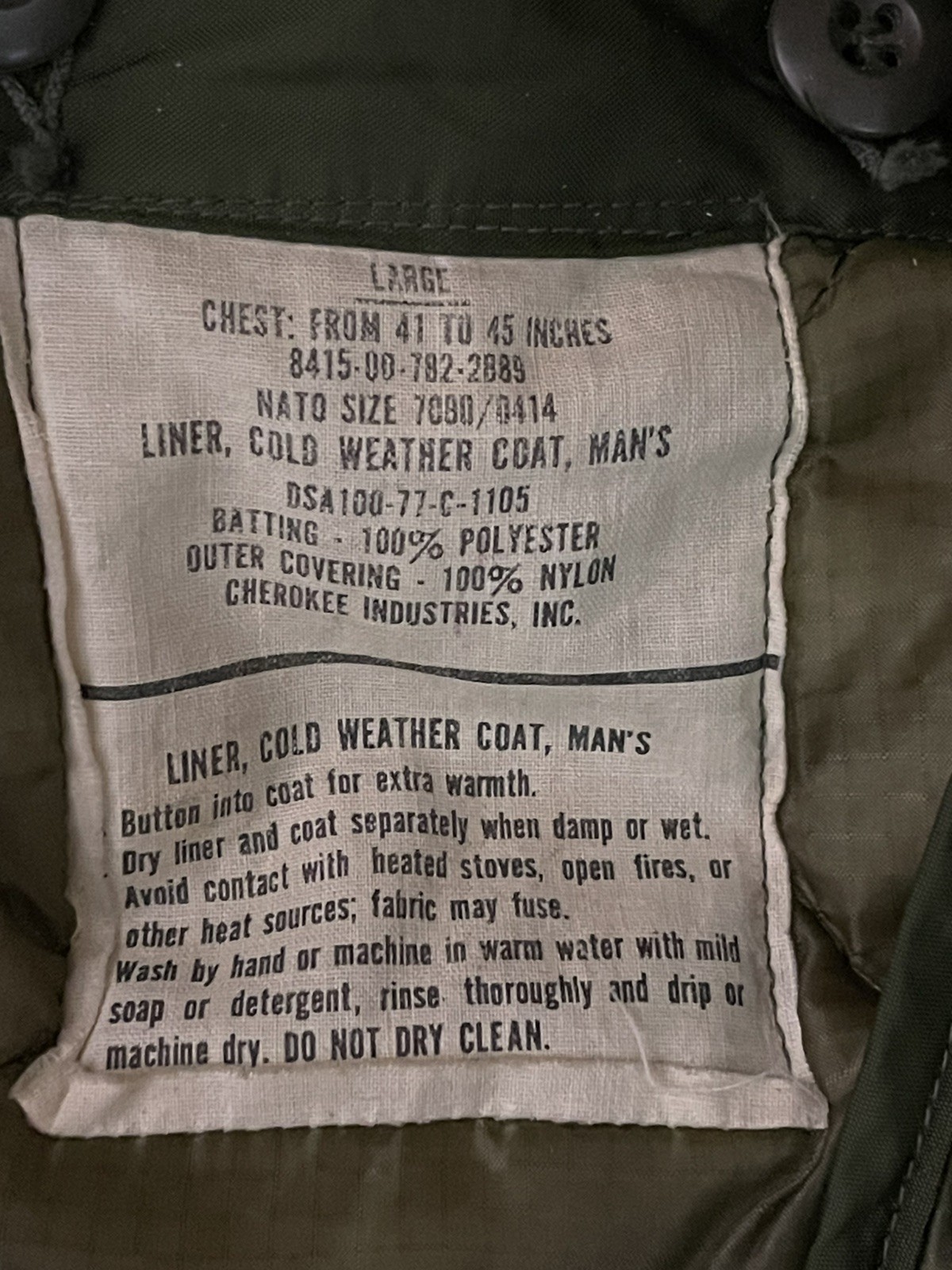 US Army Men’s Cold Weather Field Jacket Vintage Medium Short Cherokee Industries