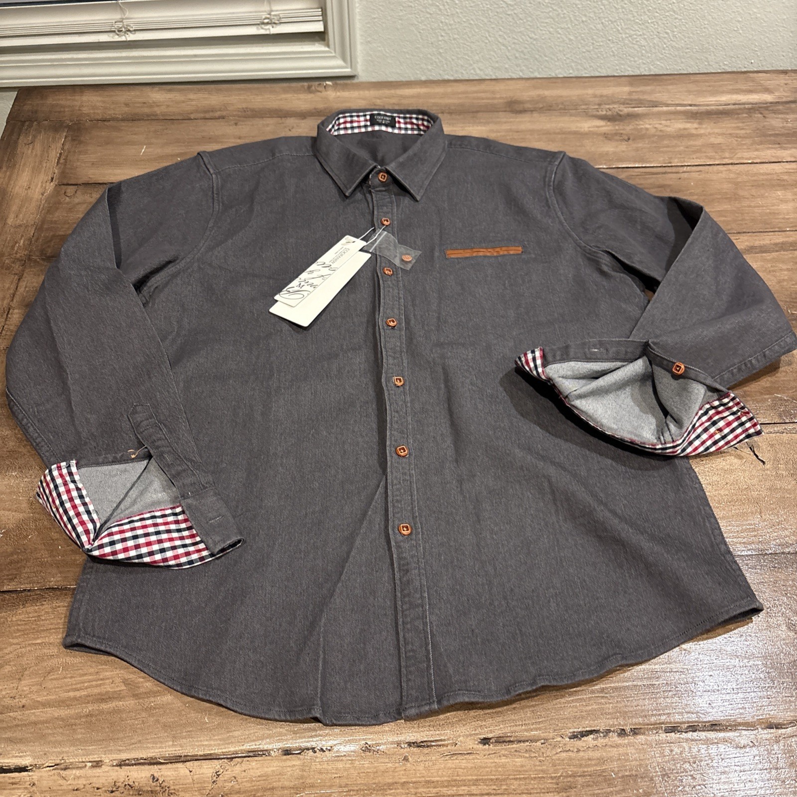COOFANDY NWT Grey Cotton Poly Contrast Check Trim M